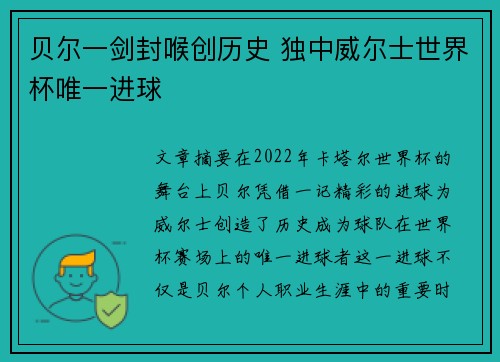 贝尔一剑封喉创历史 独中威尔士世界杯唯一进球 贝尔一剑封喉创历史 独中威尔士世界杯唯一进球