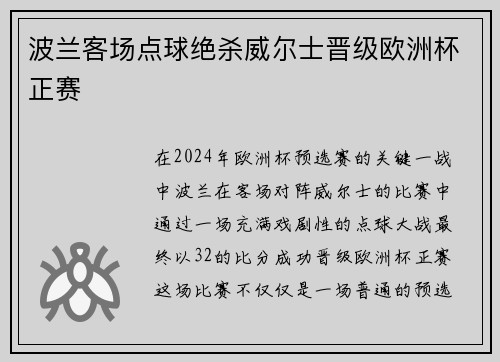 波兰客场点球绝杀威尔士晋级欧洲杯正赛