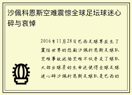 沙佩科恩斯空难震惊全球足坛球迷心碎与哀悼